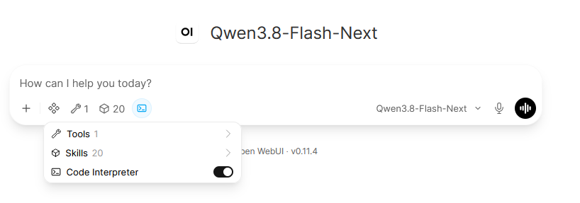 Tools, Skills, and Code Interpreter menu